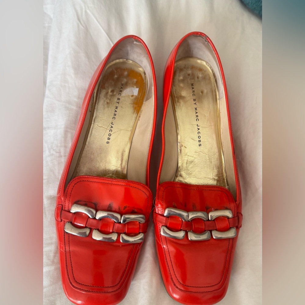 Marc by Marc Jacobs Shiny Red Loafers with Silver Accents